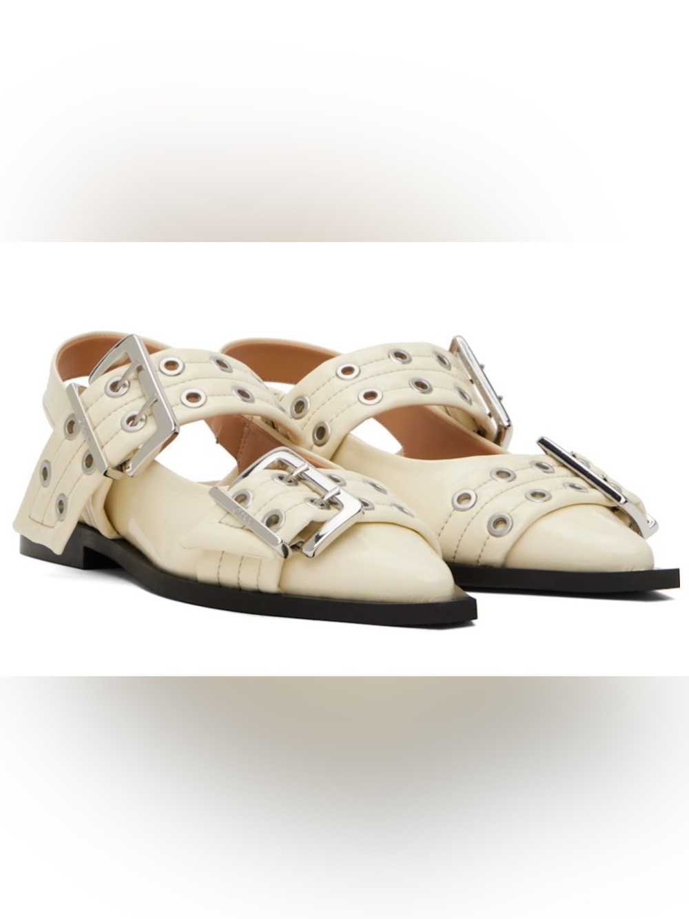 Ganni feminine buckle grommet punk ballerina flats color egret sz 38 NIB